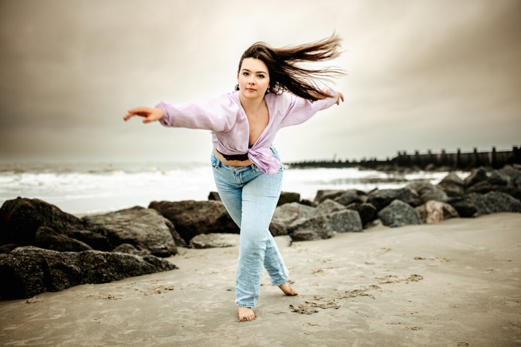 Senior photos at Folly Beach in Charleston South Carolina. 